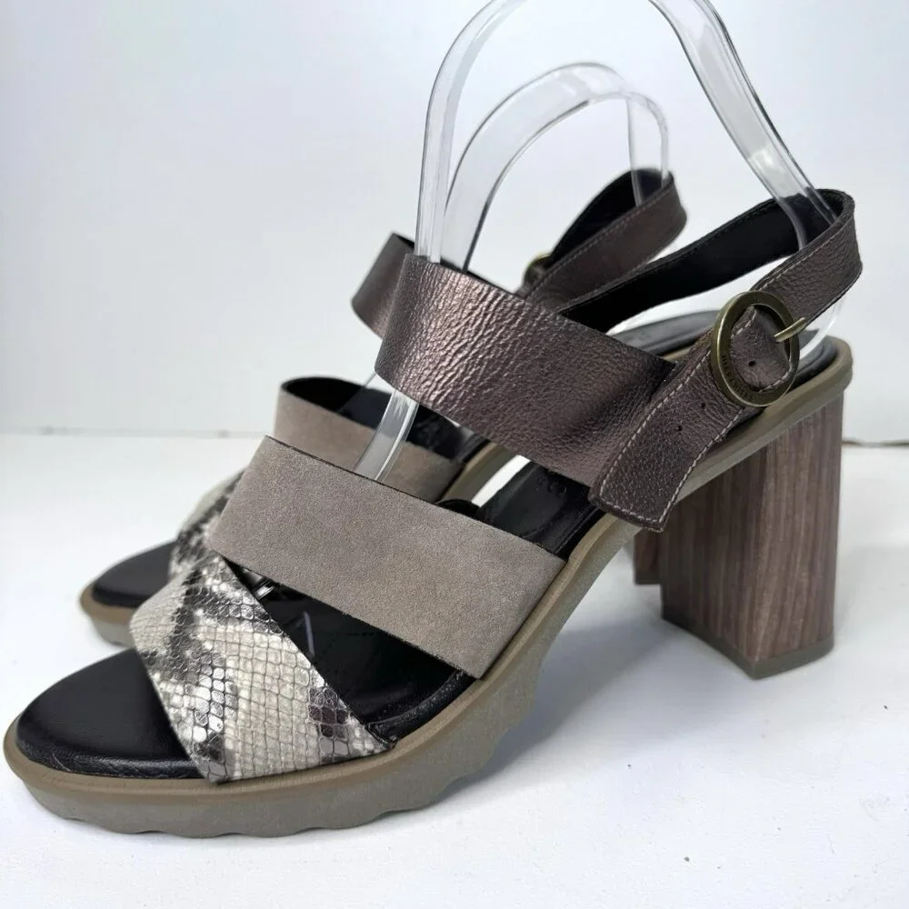 Hispanitas Sandals Size 10 Bronze Snakeskin Slingback Block Heel Platform Shoes